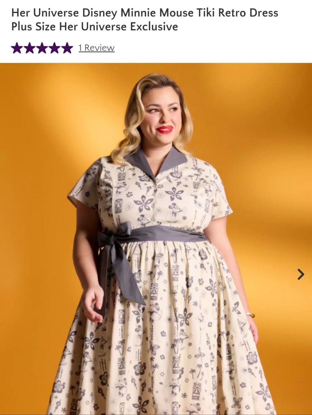 Her Universe Cream and Gray Minnie Mouse Tiki Retro Midi Dress - Sz 3